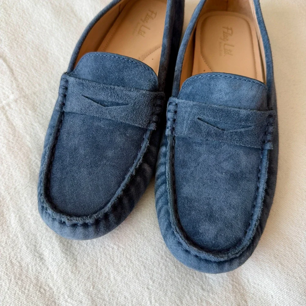 Flag Ltd. Navy Blue Suede Penny Loafers Driving Mocs 8.5M Made in Brazil